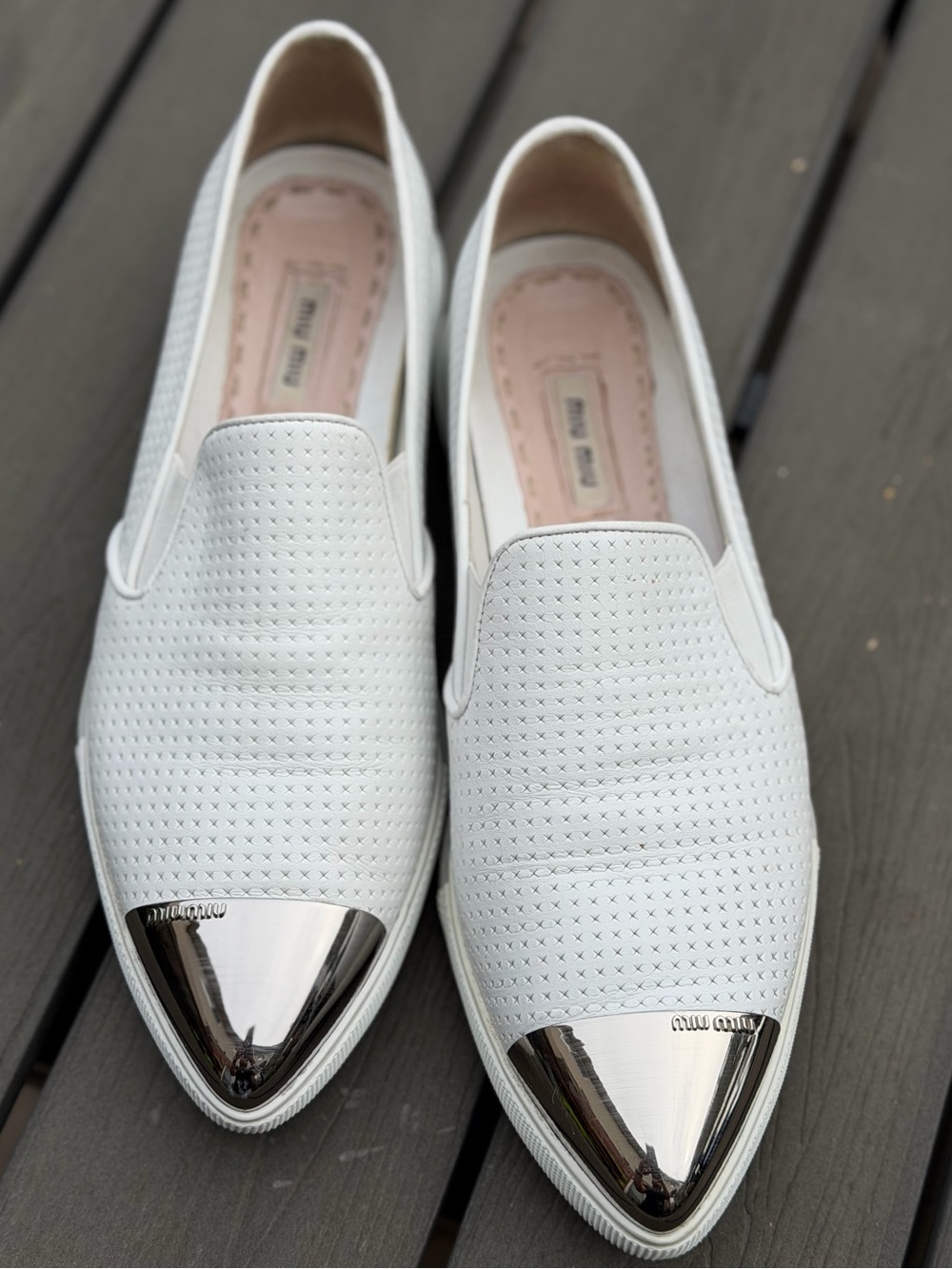 Miu Miu White Perforated Leather Slip-On Loafers with Silver Cap Toe